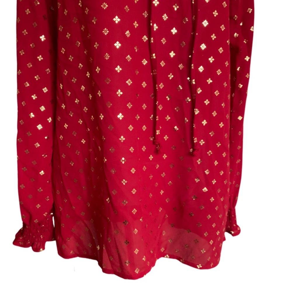 NWT Red Foil Ruffle Relaxed Fit Smocked Peasant Edwardian Holiday Blouse Sz Med - Picture 9 of 14